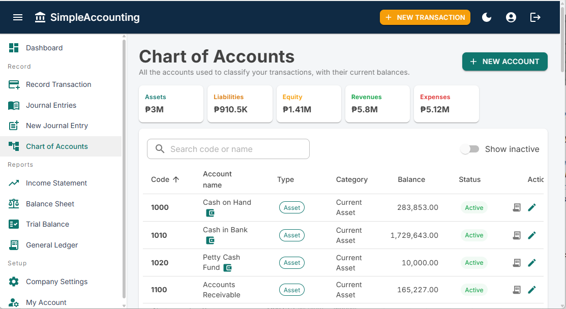 The Chart of Accounts screen