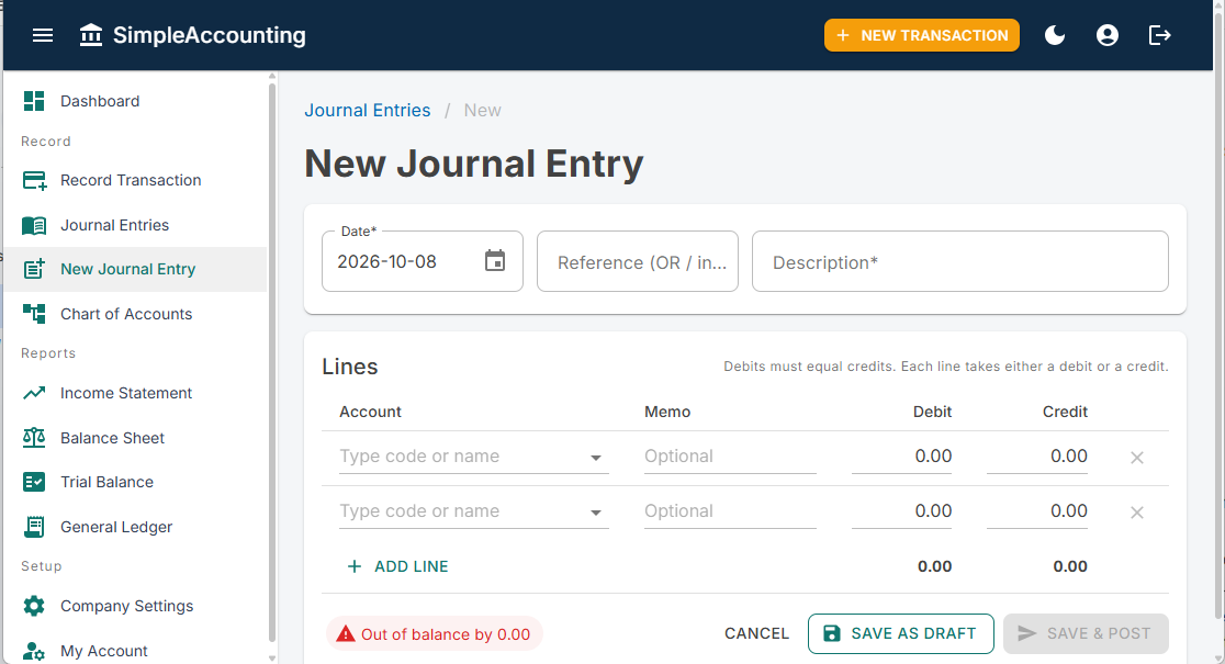 The New Journal Entry screen